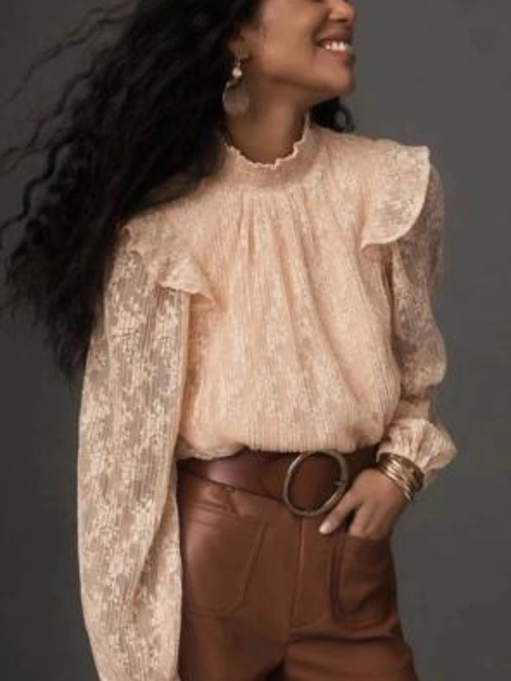 Porridge Women’s Cream Lace Ruffle High-Neck Blouse NWT